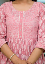 Juniper Pink Ethnic Motif Printed Cotton Short Dress with Button & Lace - Distacart