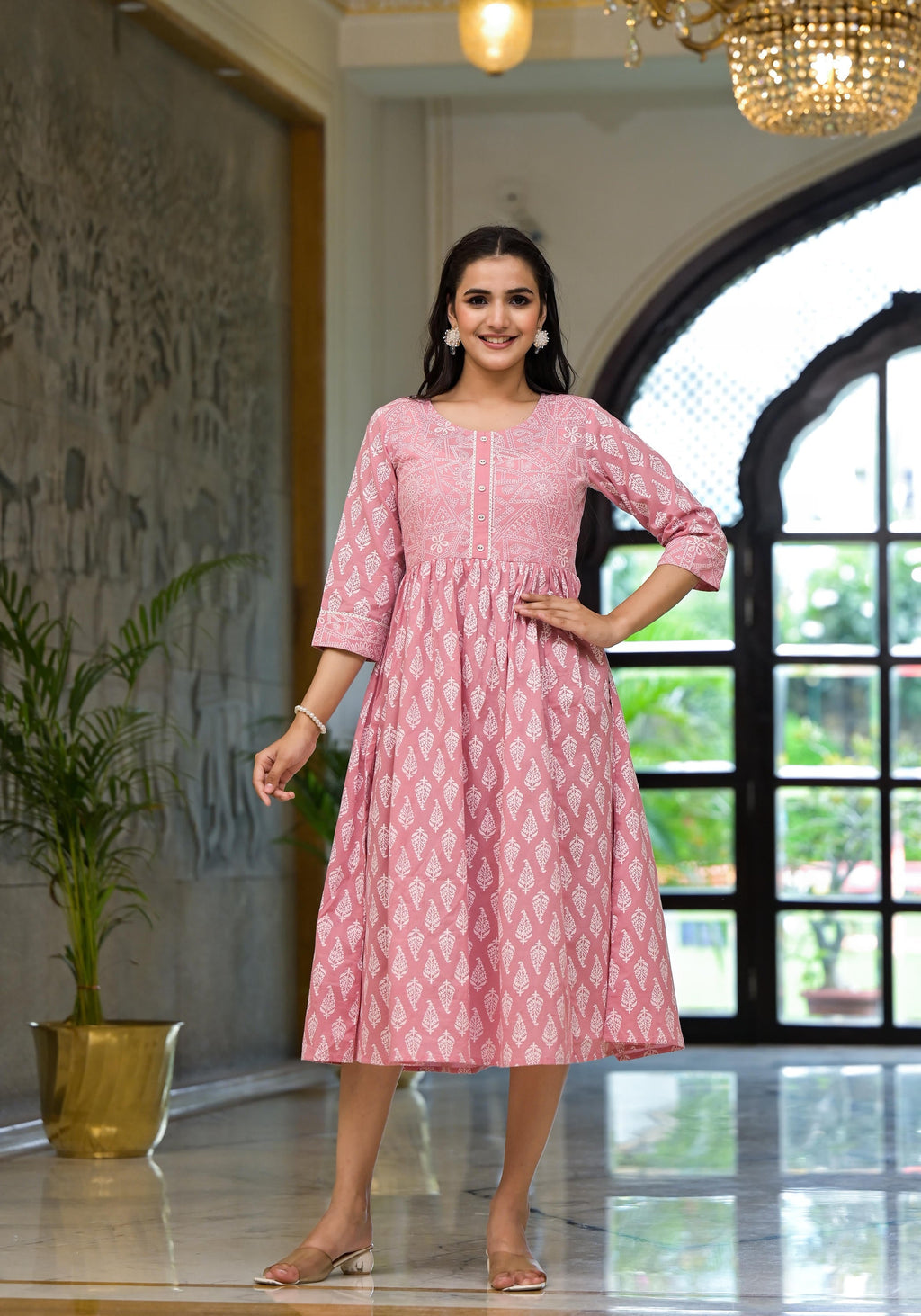 Juniper Pink Ethnic Motif Printed Cotton Short Dress With Button & Lace - Distacart