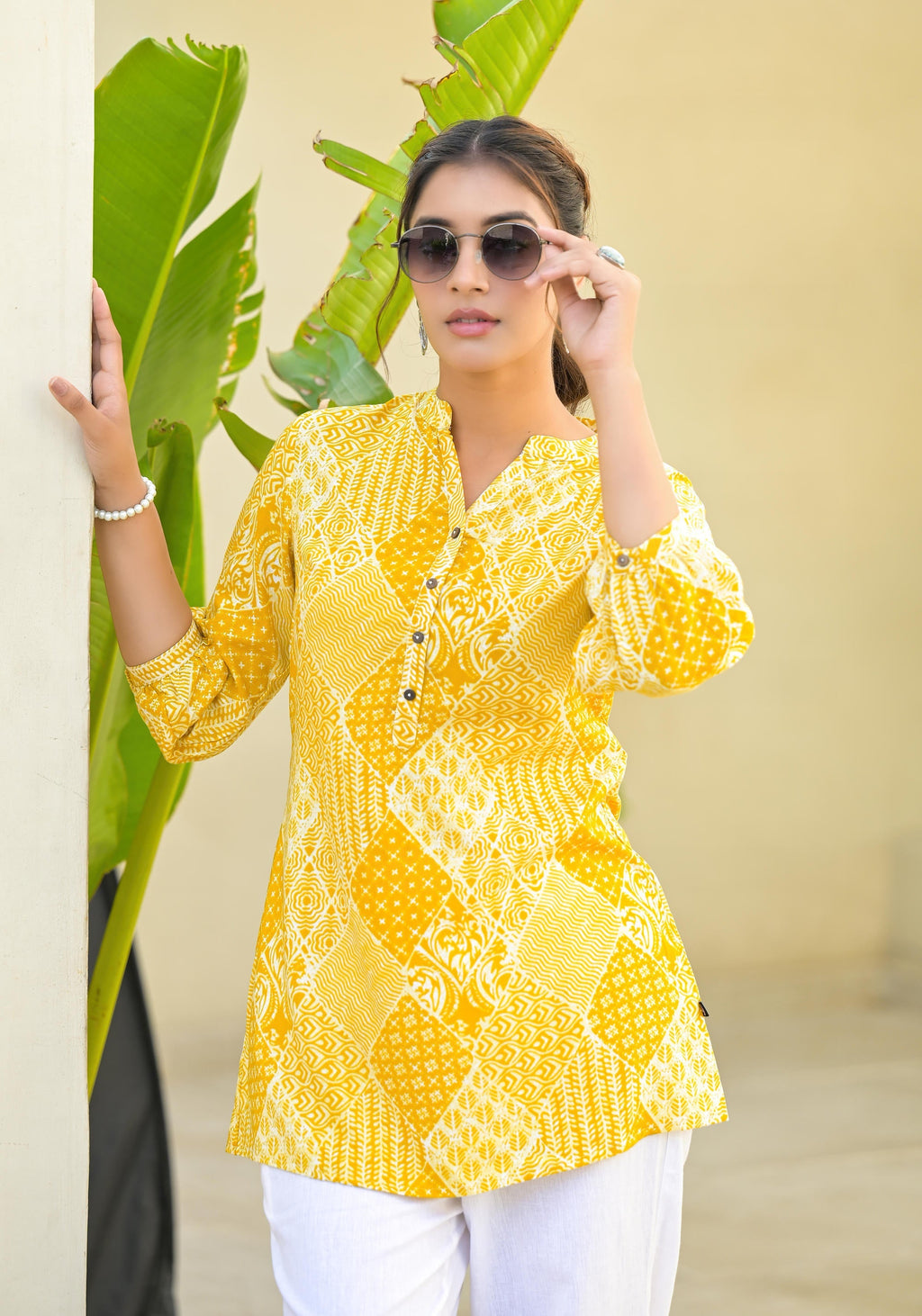 Juniper Mustard Ethnic Motif Printed Tunic With Button - Distacart