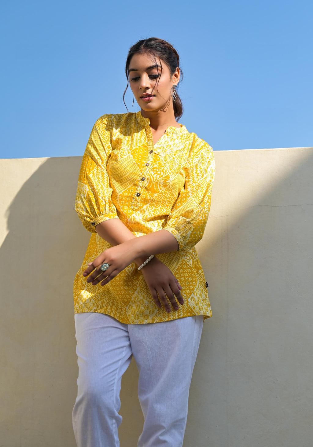 Juniper Mustard Ethnic Motif Printed Tunic With Button - Distacart