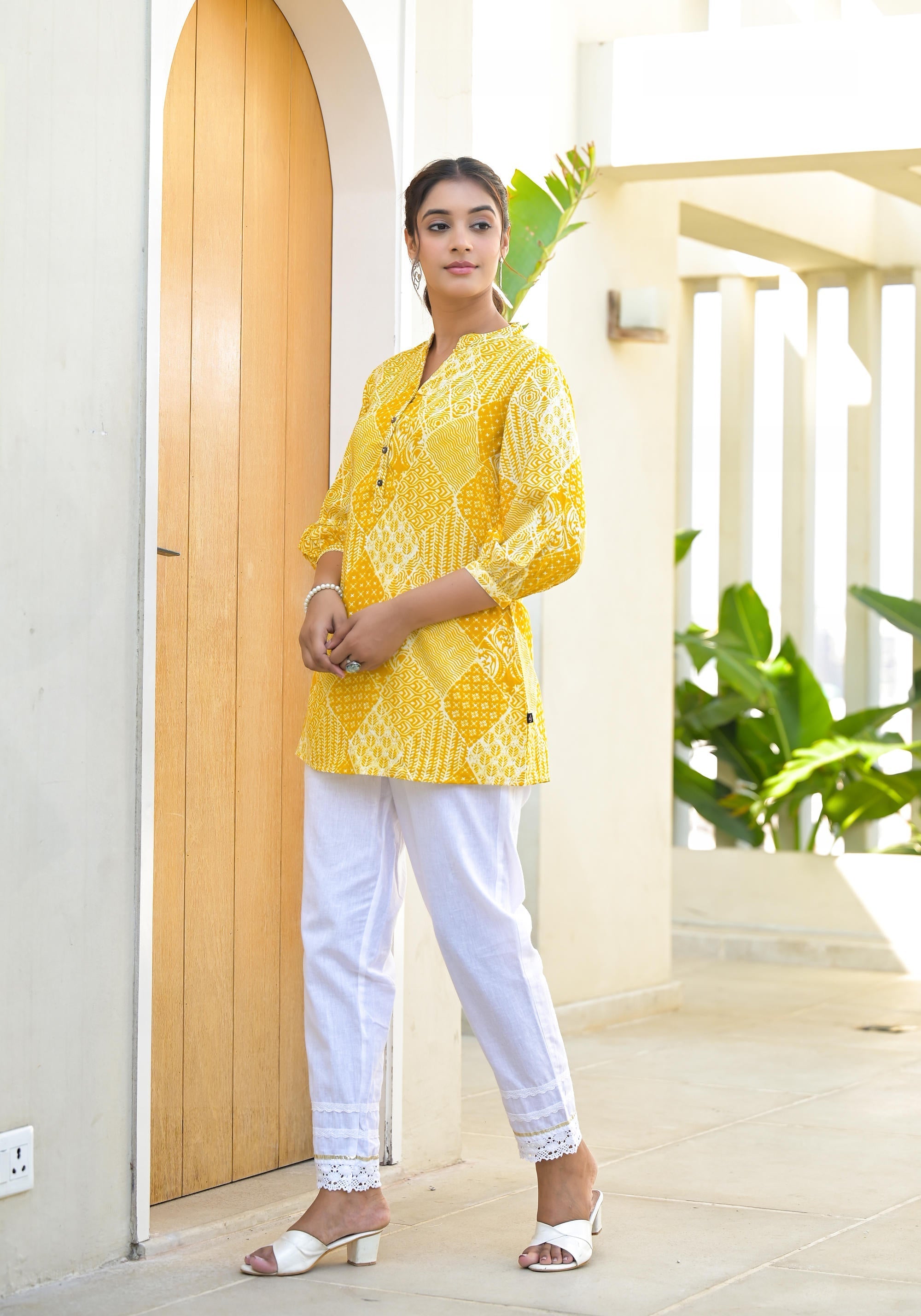 Juniper Mustard Ethnic Motif Printed Tunic With Button - Distacart
