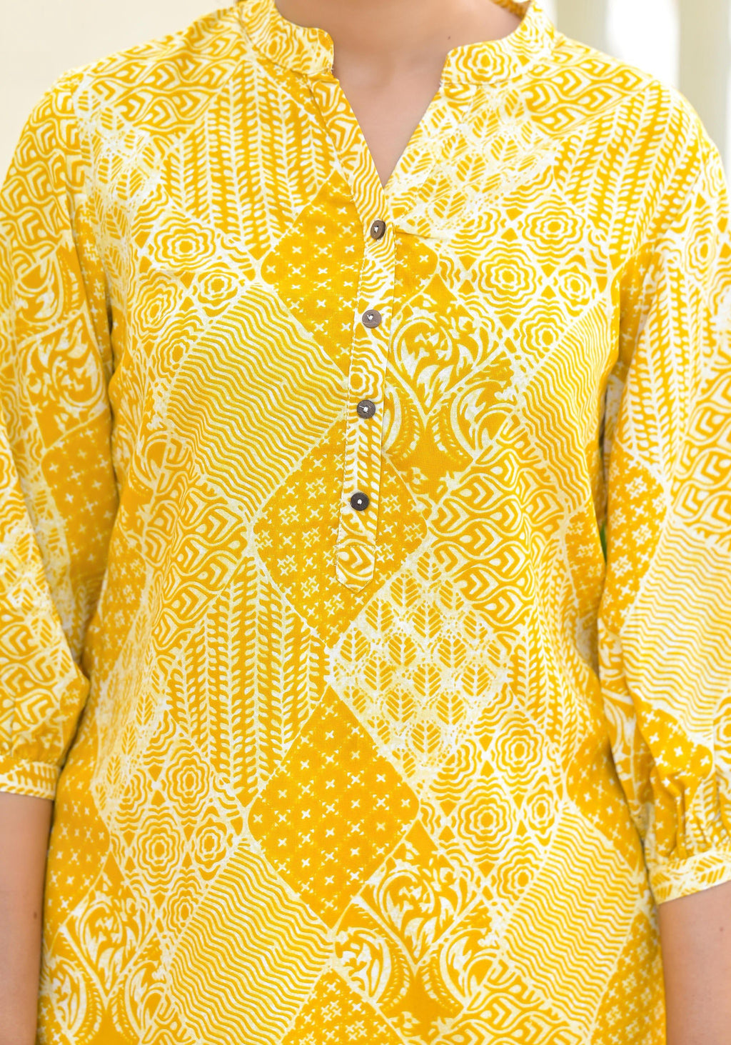 Juniper Mustard Ethnic Motif Printed Tunic With Button - Distacart