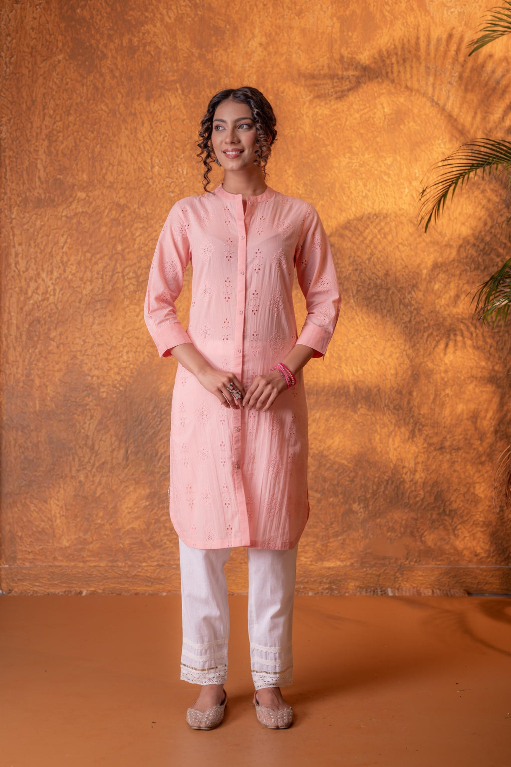Juniper Peach Chikankari Kurta - Distacart