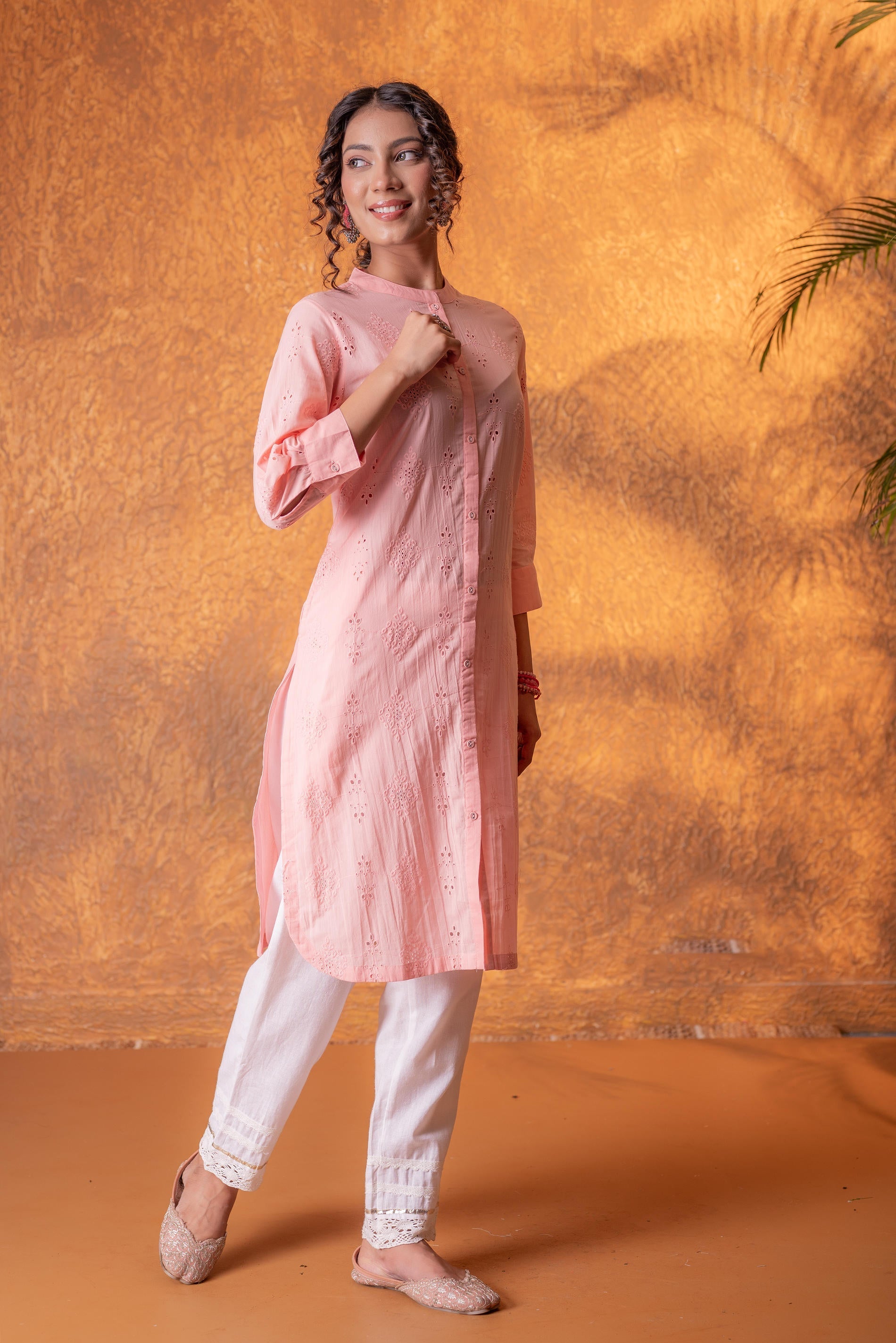 Juniper Peach Chikankari Kurta - Distacart