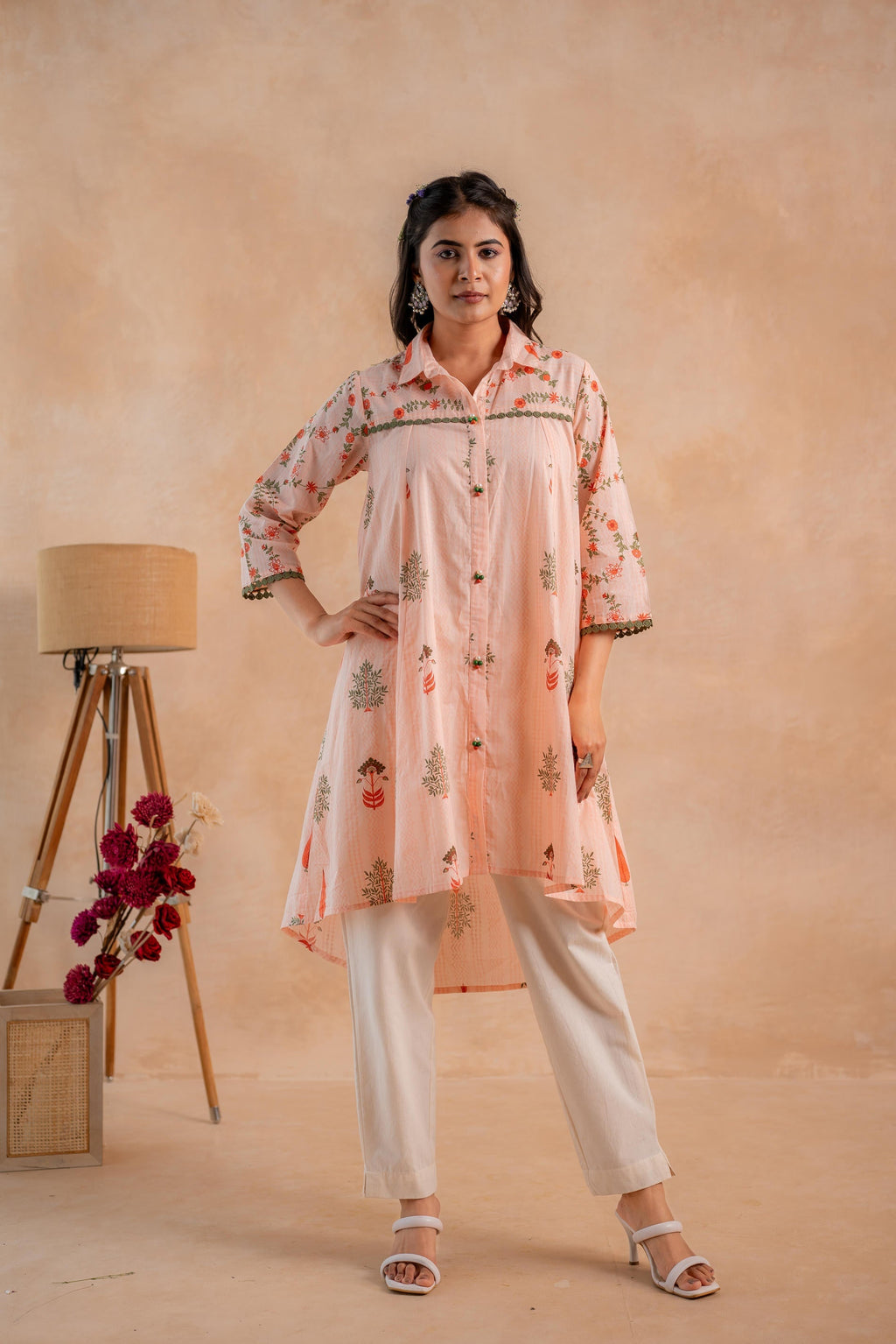 Juniper Blush Peach Garden Printed A-Line Tunic Kurta