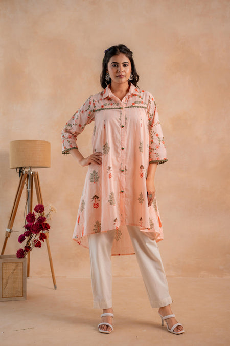 Juniper Blush Peach Garden Printed A-Line Tunic Kurta
