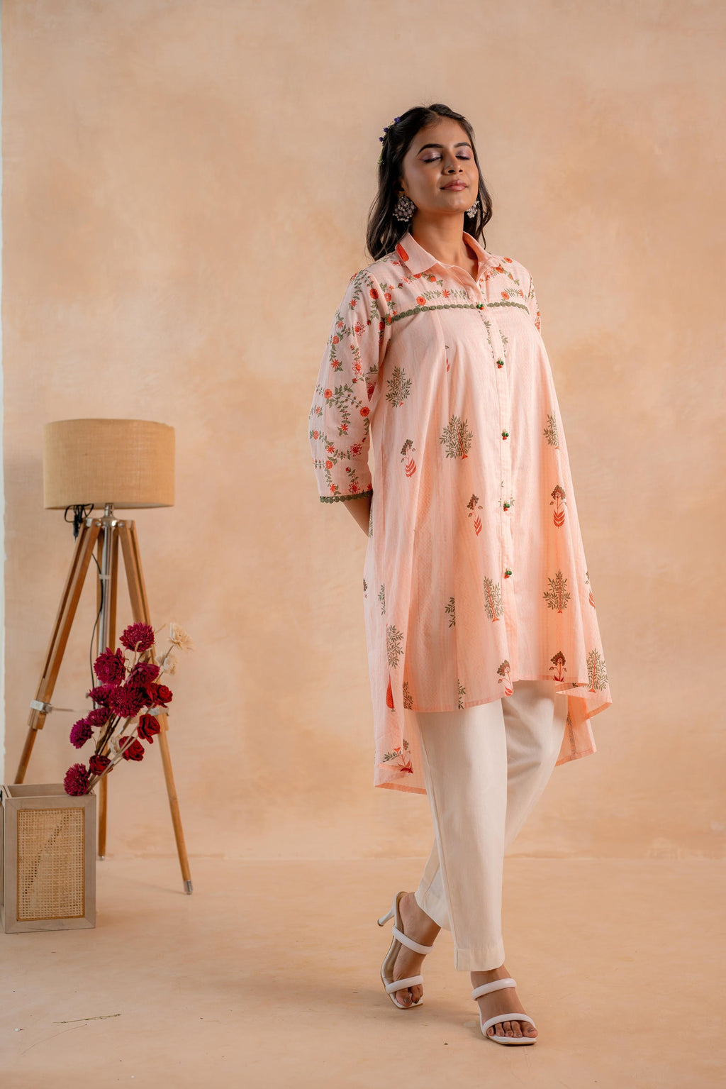 Juniper Blush Peach Garden Printed A-Line Tunic Kurta