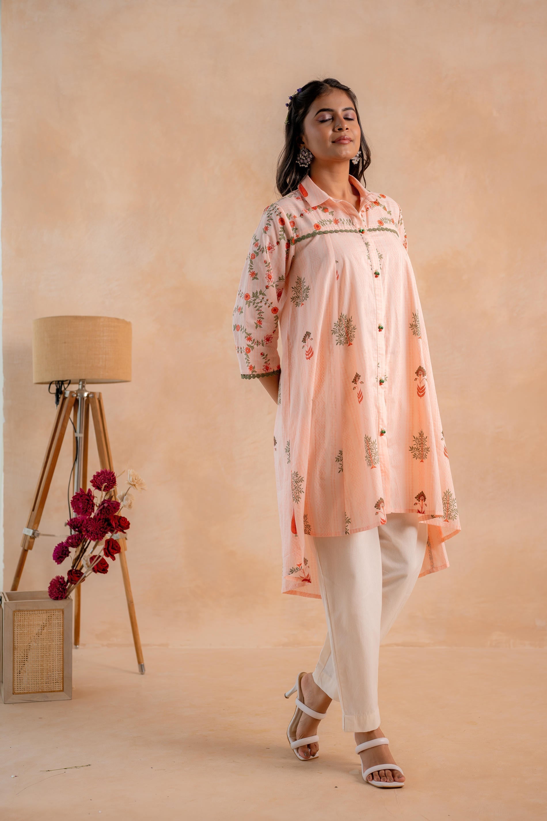 Juniper Blush Peach Garden Printed A-Line Tunic Kurta