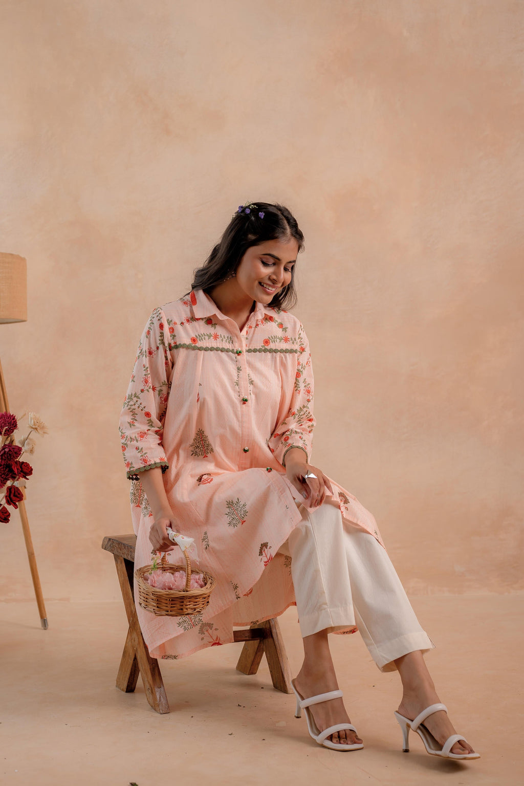 Juniper Blush Peach Garden Printed A-Line Tunic Kurta