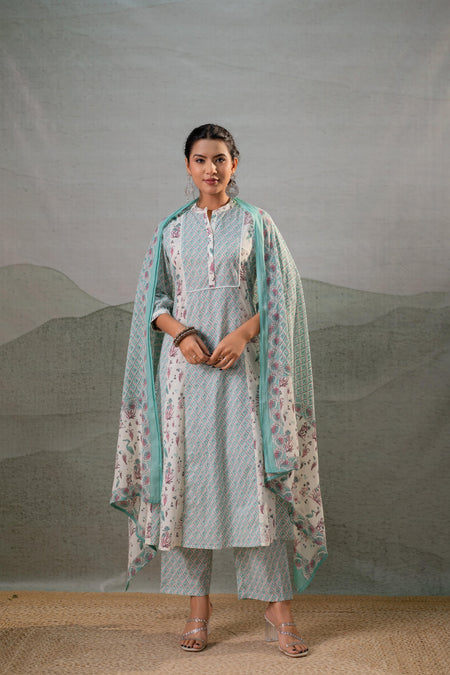 Juniper Mint Garden Harmony Kurta Pant And Dupatta Set