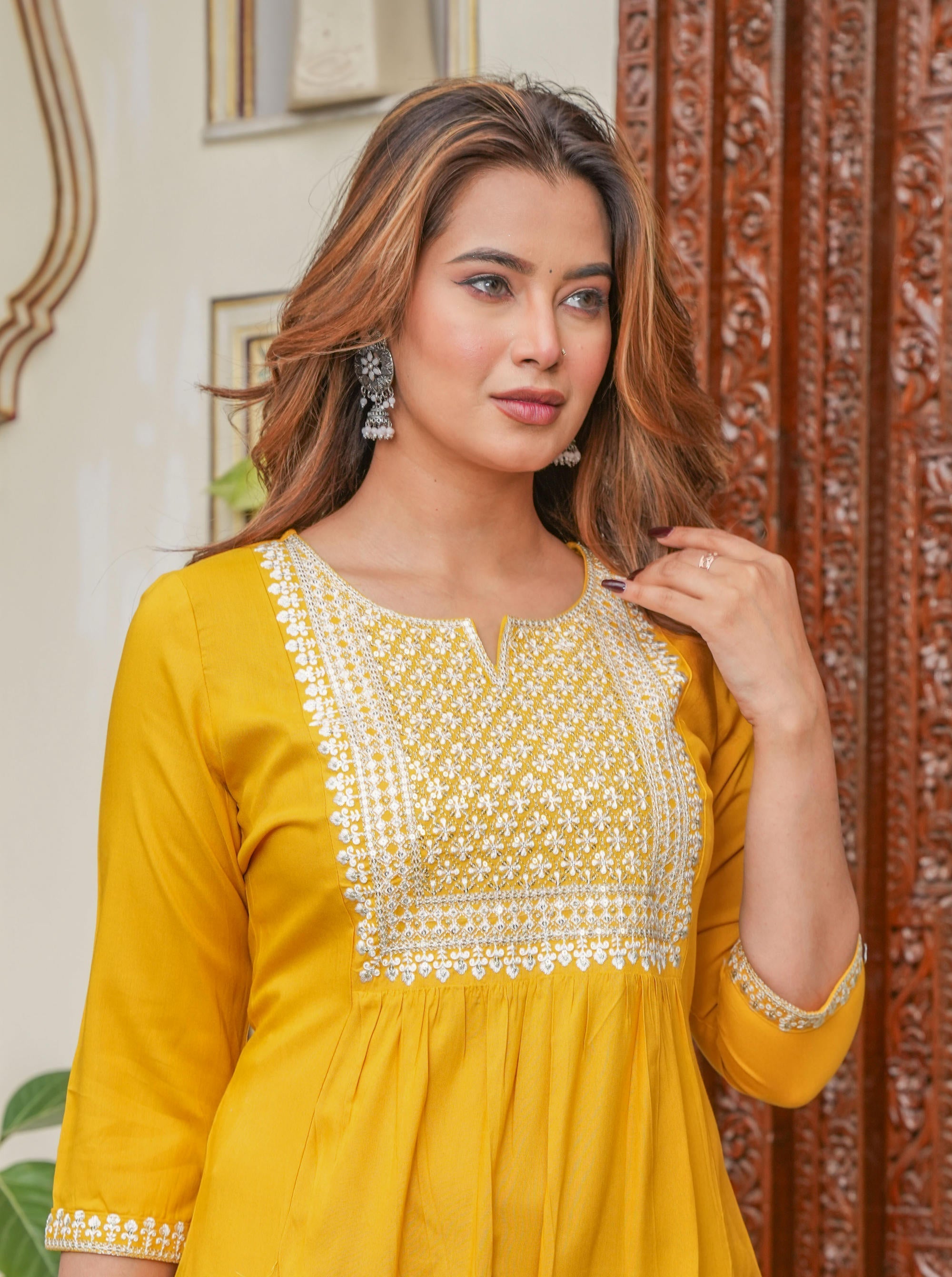 Juniper Mustard Viscose Embroidered Kurta With Thread Work And Sequins - Distacart