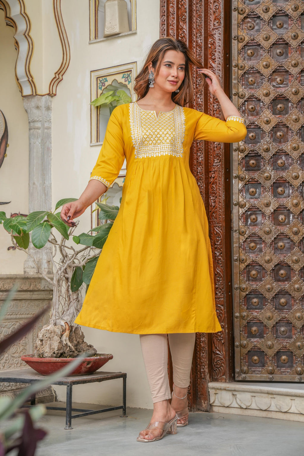 Juniper Mustard Viscose Embroidered Kurta With Thread Work And Sequins - Distacart