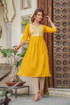 Juniper Mustard Viscose Embroidered Kurta With Thread Work And Sequins - Distacart