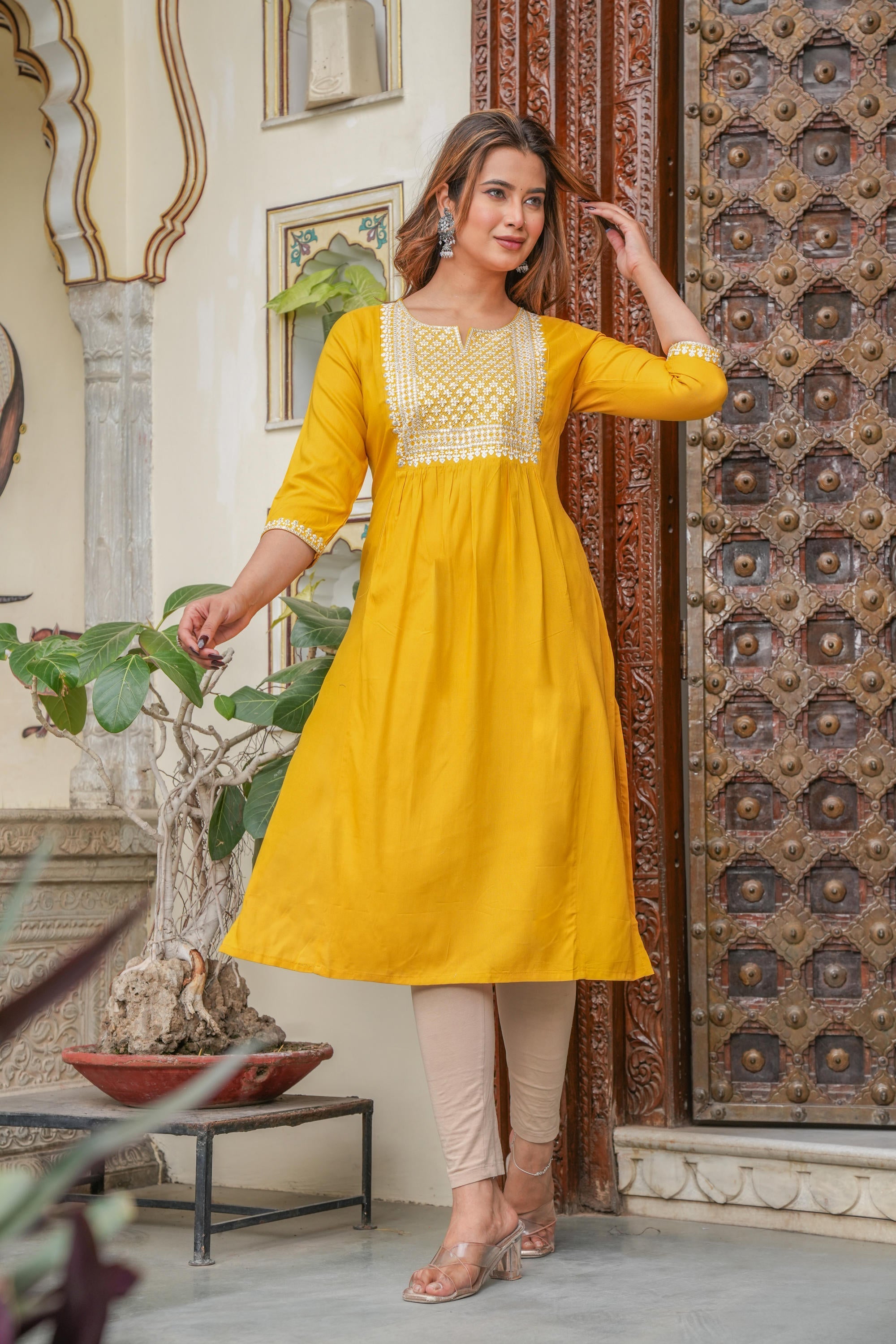 Juniper Mustard Viscose Embroidered Kurta With Thread Work And Sequins - Distacart