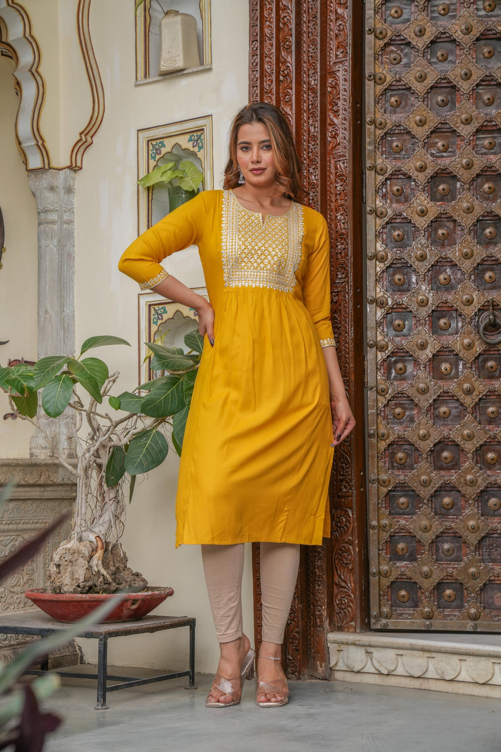 Juniper Mustard Viscose Embroidered Kurta With Thread Work And Sequins - Distacart