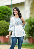 Juniper Women's White Ethnic Motif Printed Viscose Tunic With Sequins & Thread Work