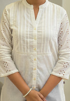 Juniper White Solid Cotton Tunic With Schiffli Work
