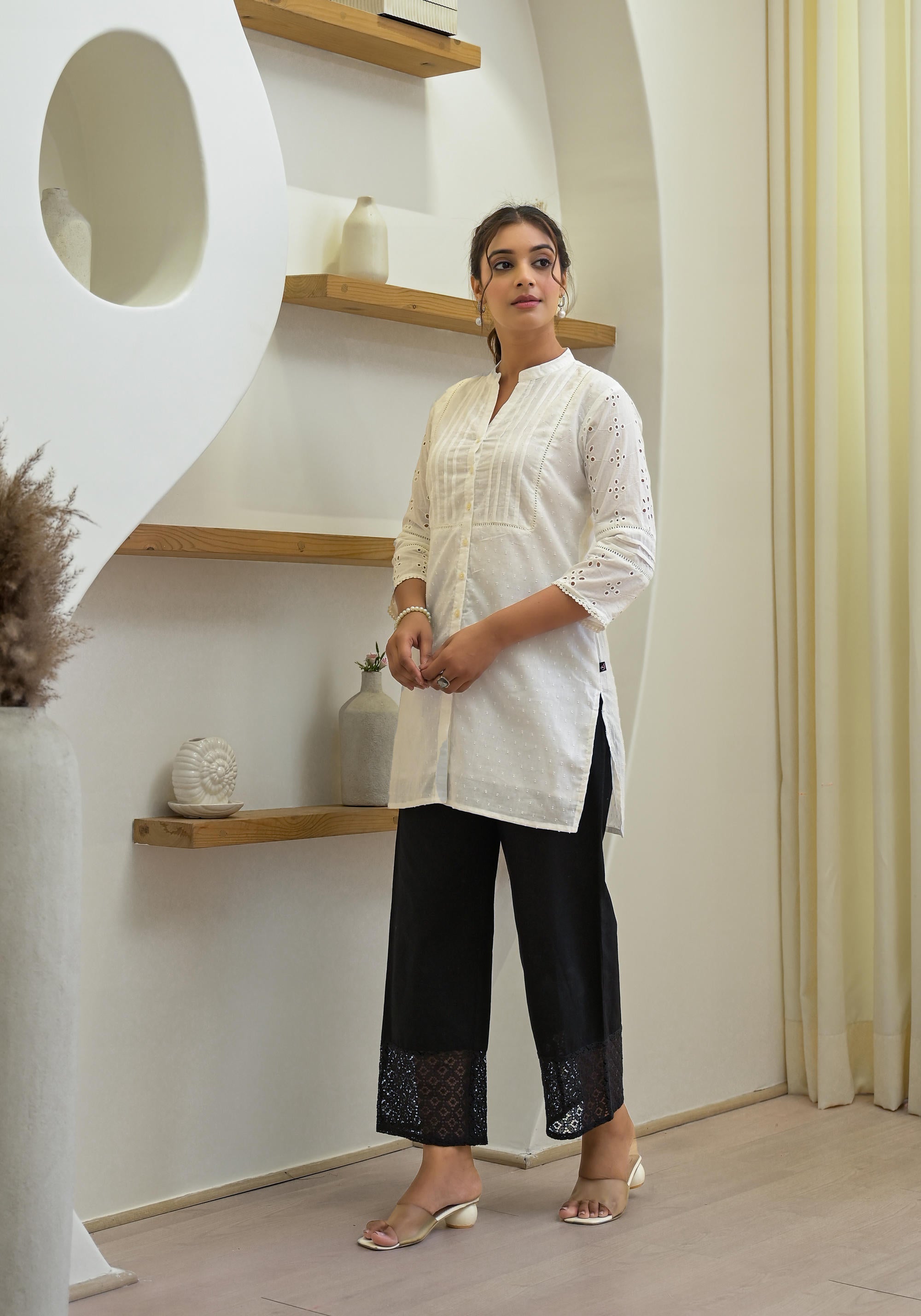Juniper Women's White Solid Cotton Tunic With Schiffli Work