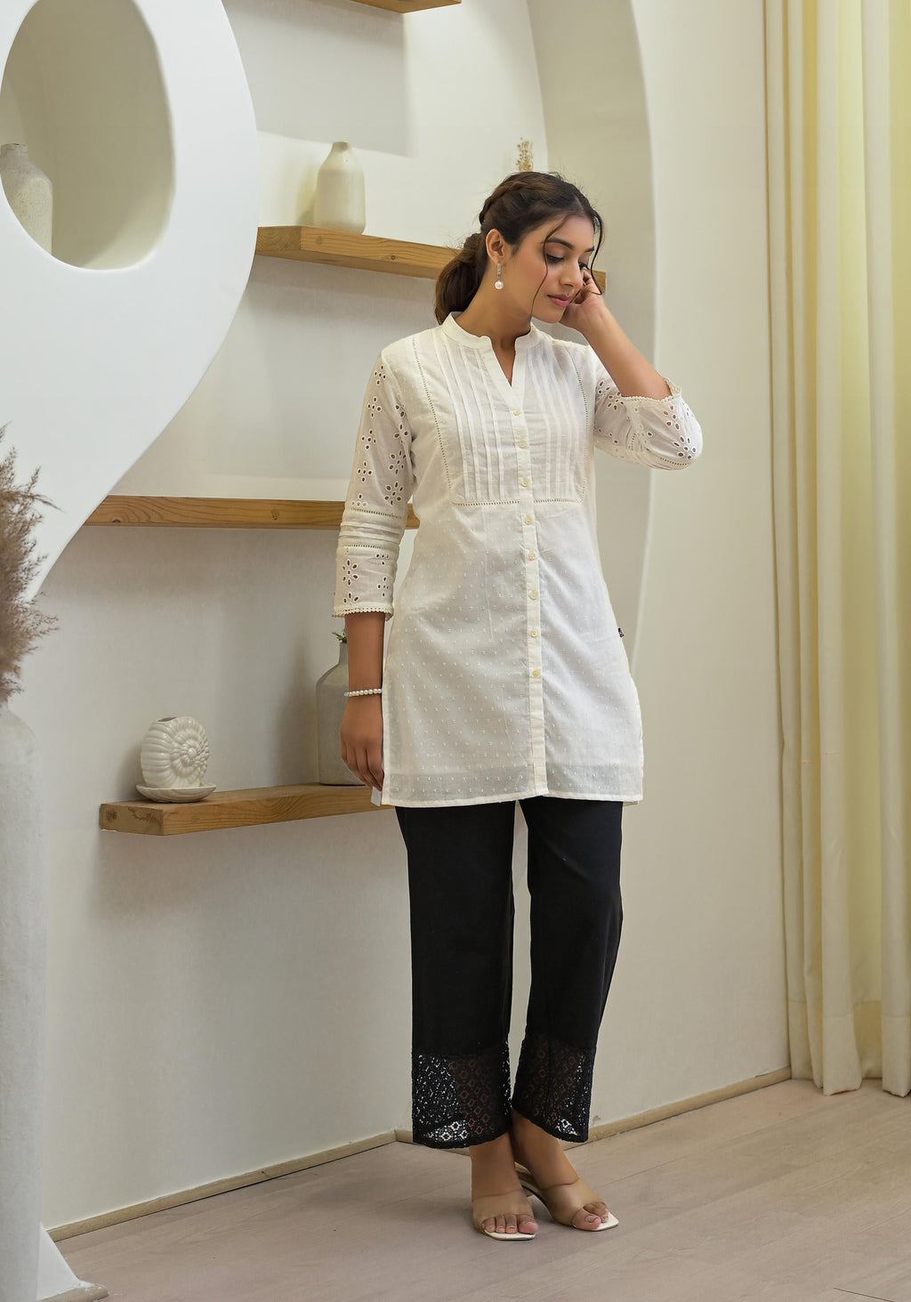 Juniper Women's White Solid Cotton Tunic With Schiffli Work