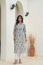 Juniper Grey Floral Printed Kurta - Distacart