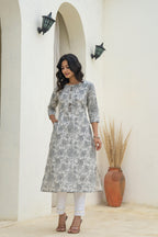 Juniper Grey Floral Printed Kurta - Distacart