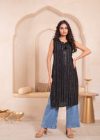 Juniper Black Geometric Embroidered Viscose Kurta With Mirror & Thread Work - Distacart
