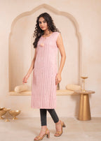 Juniper Pink Geometric Embroidered Viscose Kurta With Mirror Work And Tassels - Distacart