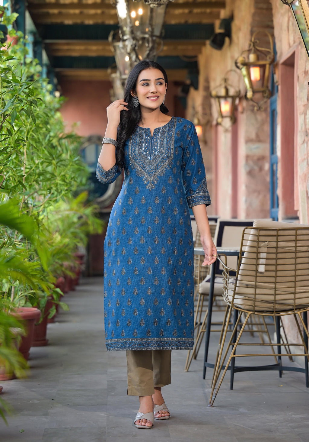 Juniper Blue Ethnic Motif Printed Cotton Kurta - Distacart