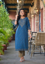 Juniper Blue Ethnic Motif Printed Cotton Kurta - Distacart