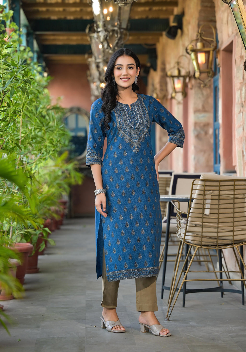 Juniper Blue Ethnic Motif Printed Cotton Kurta - Distacart