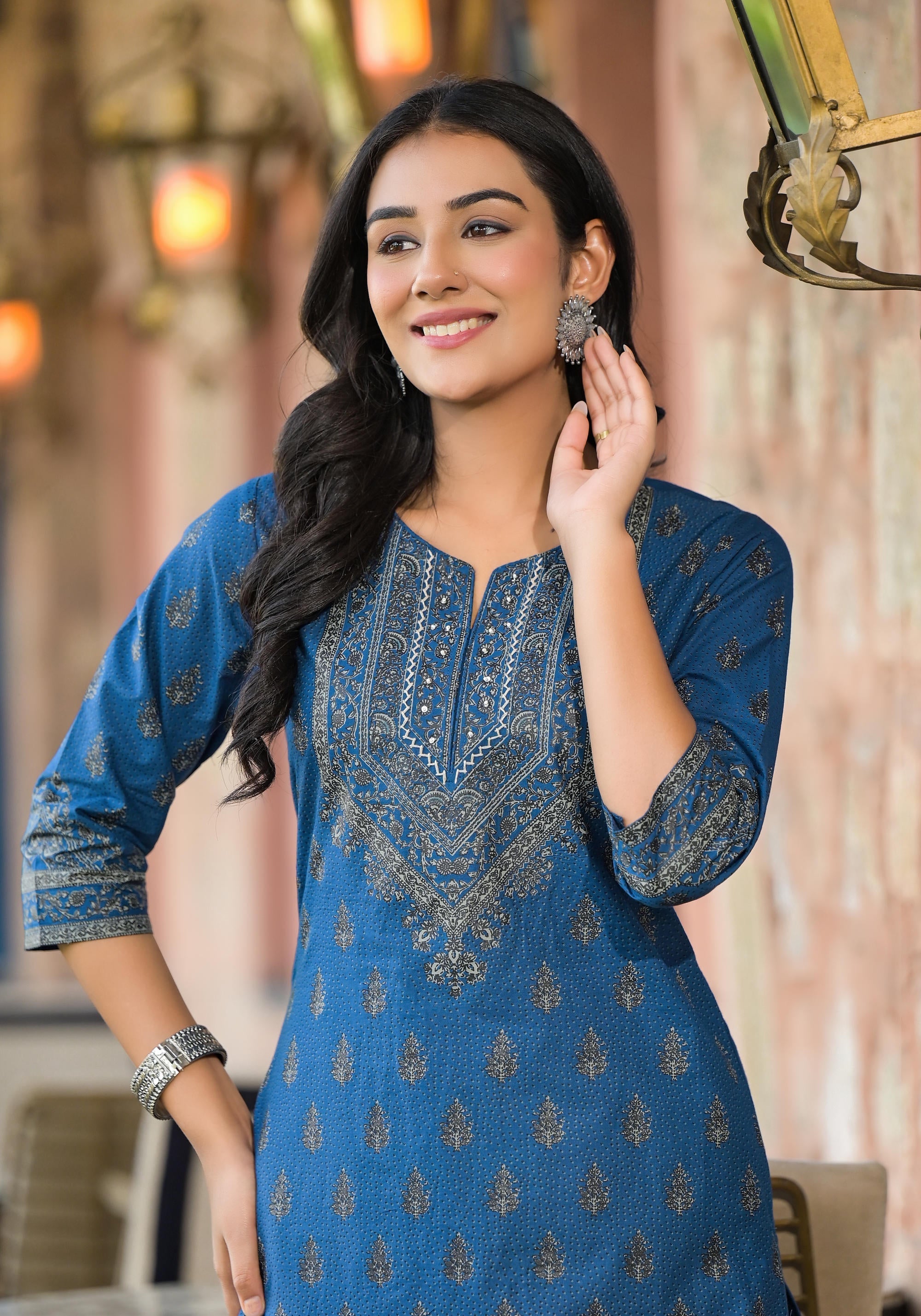 Juniper Blue Ethnic Motif Printed Cotton Kurta - Distacart