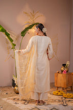 Juniper Ivory Coral Blossom Printed Kurta Pant And Dupatta Set - Distacart