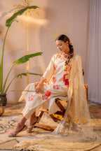 Juniper Ivory Coral Blossom Printed Kurta Pant And Dupatta Set - Distacart
