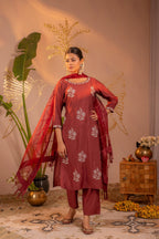 Juniper Rosegold Blossom -Pinted Kurta Pant And Dupatta Set - Distacart