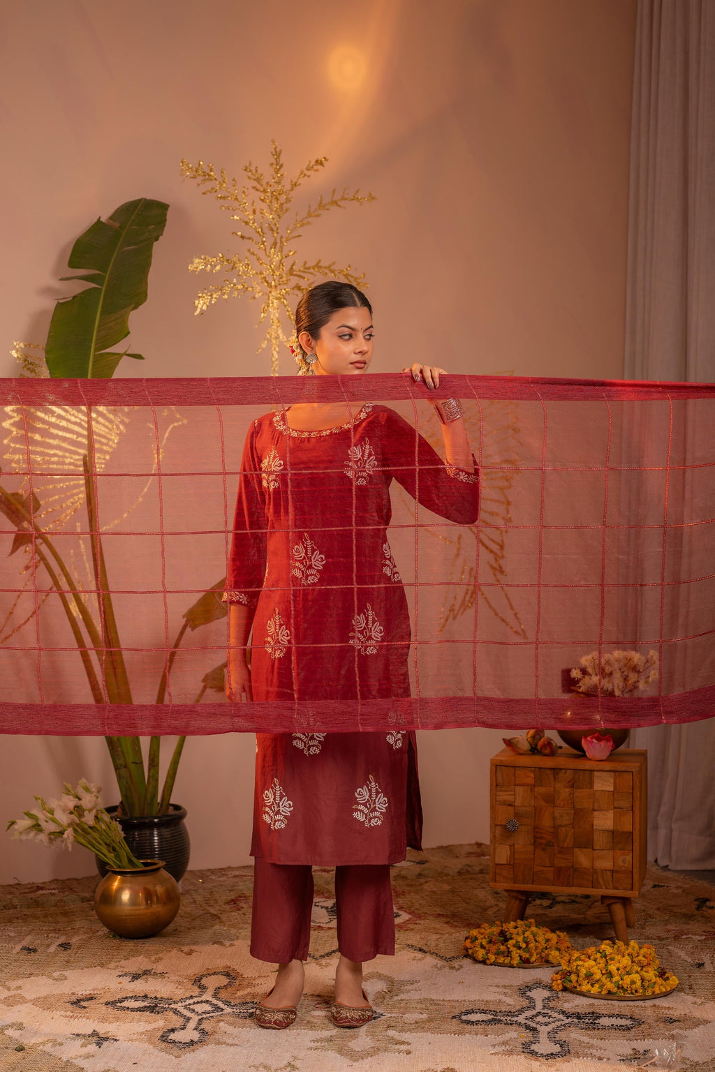 Juniper Rosegold Blossom -Pinted Kurta Pant And Dupatta Set - Distacart