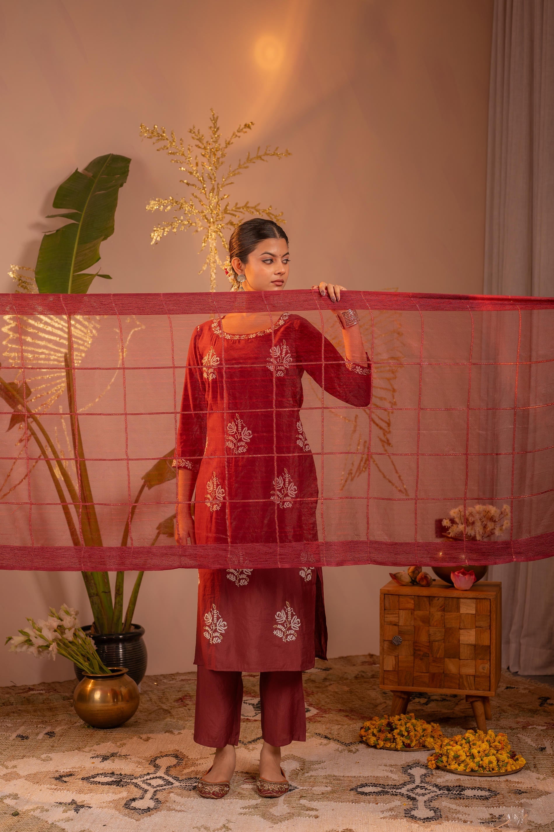 Juniper Rosegold Blossom -Pinted Kurta Pant And Dupatta Set - Distacart