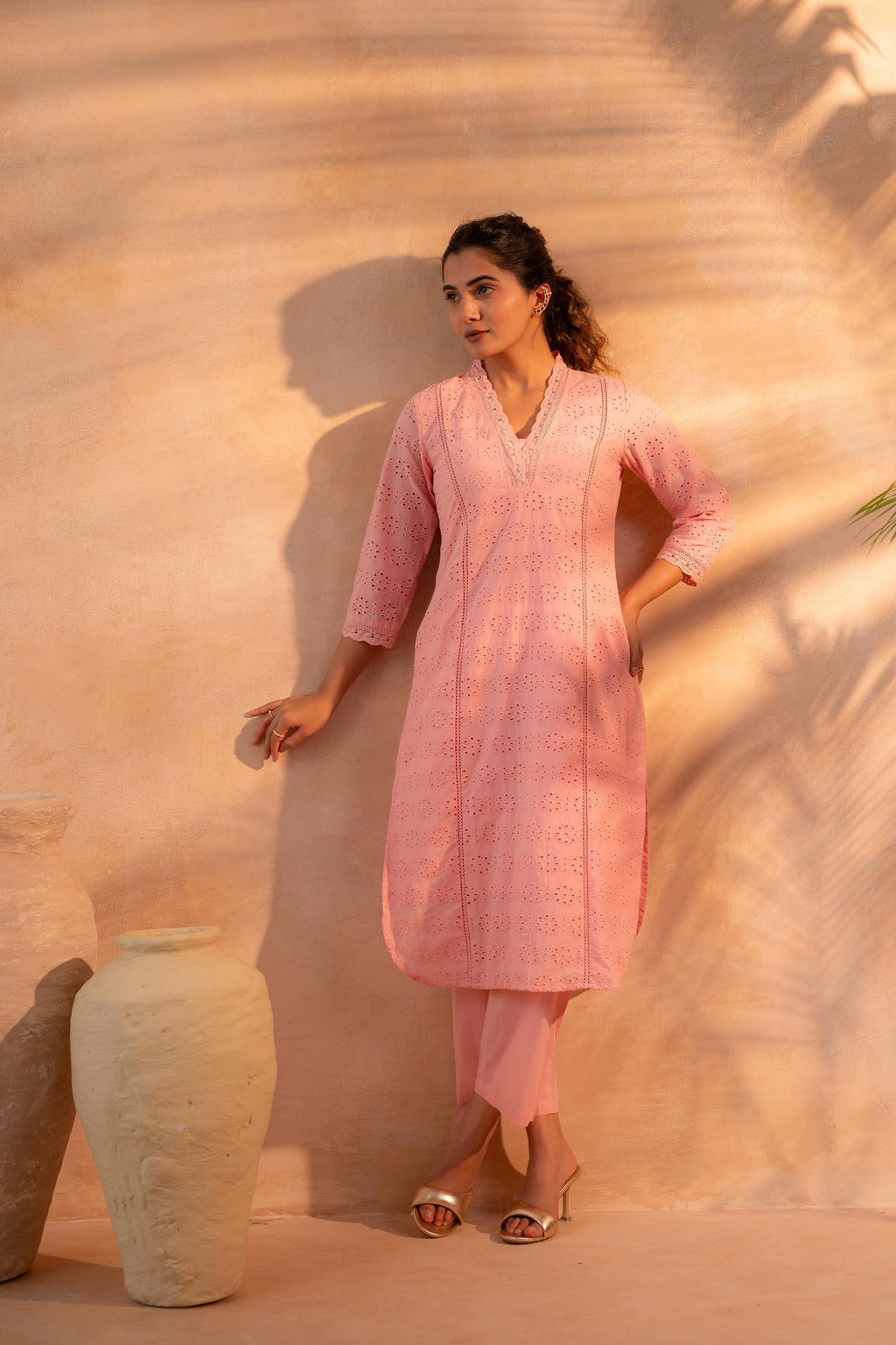 Juniper Peach Schiffli Kurta And Pant Set - Distacart