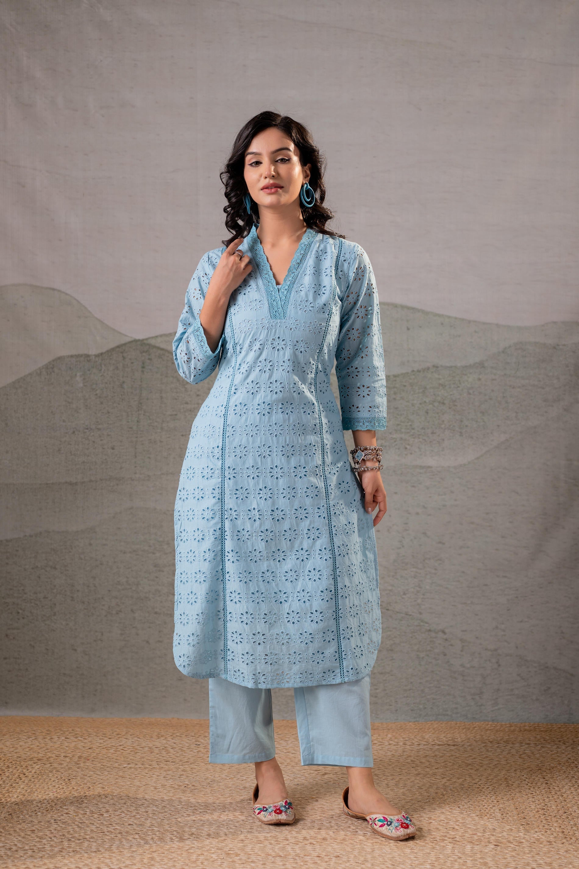 Juniper Sky Blue Schiffli Kurta And Pant Set - Distacart