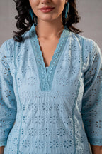 Juniper Sky Blue Schiffli Kurta And Pant Set - Distacart