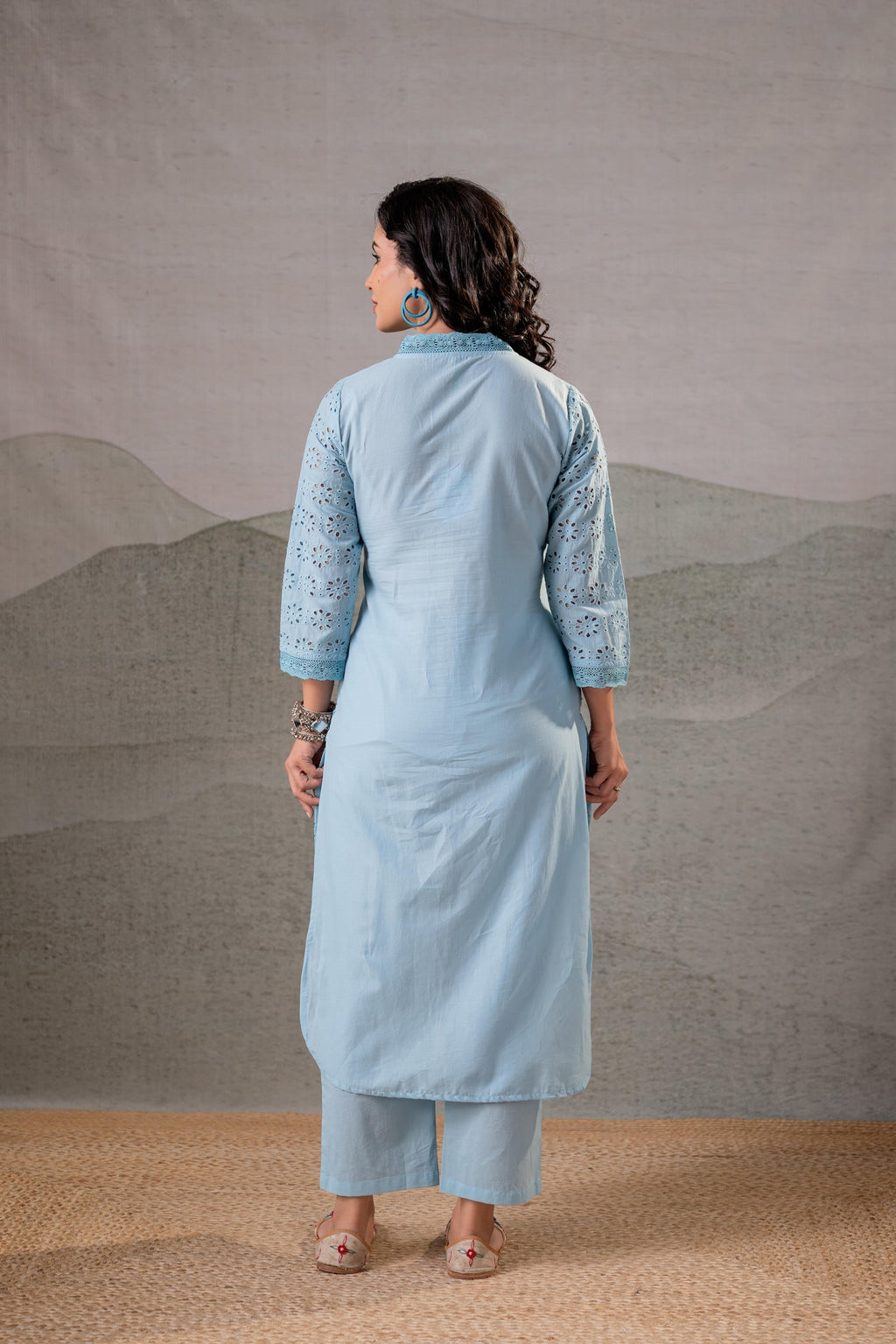 Juniper Sky Blue Schiffli Kurta And Pant Set - Distacart