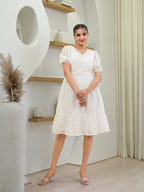 Juniper White Solid Cotton Short Dress With Schiffli Work - Distacart