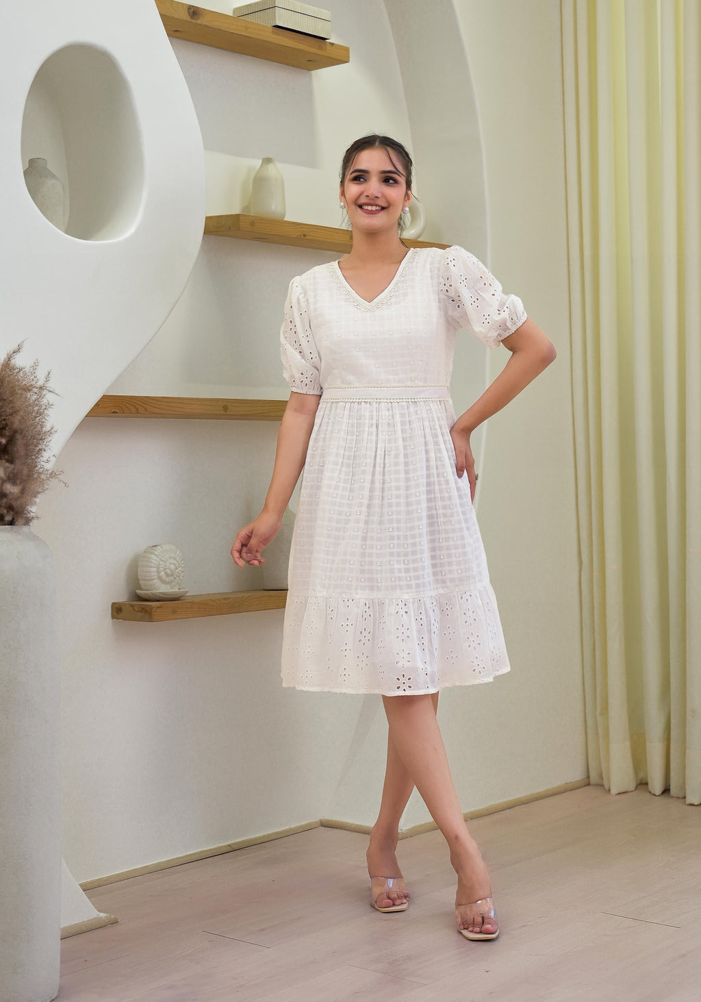 Juniper Women's White Solid Cotton Short Dress With Schiffili Work - Distacart