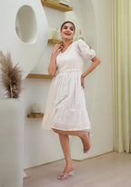 Juniper Women's White Solid Cotton Short Dress With Schiffili Work - Distacart