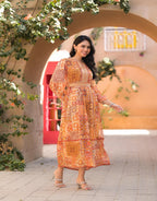 Juniper Orange Abstract Printed Chiffon Long Dress With Belt - Distacart