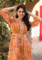 Juniper Orange Abstract Printed Chiffon Long Dress With Belt - Distacart