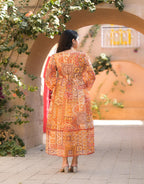 Juniper Orange Abstract Printed Chiffon Long Dress With Belt - Distacart