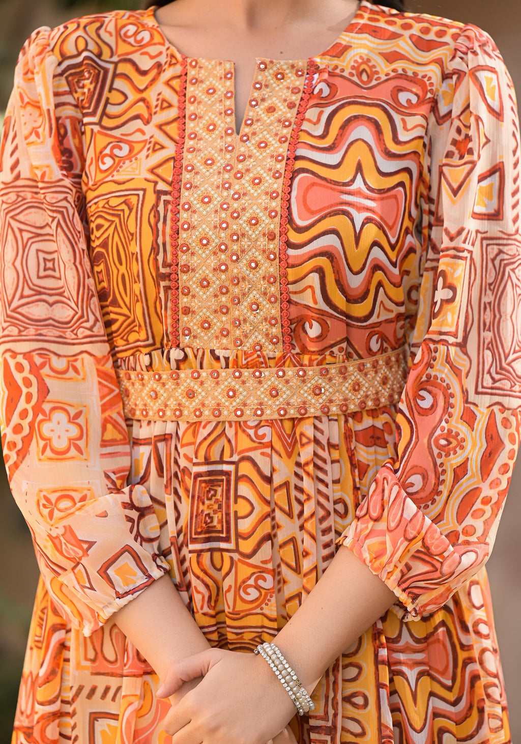 Juniper Women's Orange Abstract Printed Chiffon Long Dress With Belt - Distacart