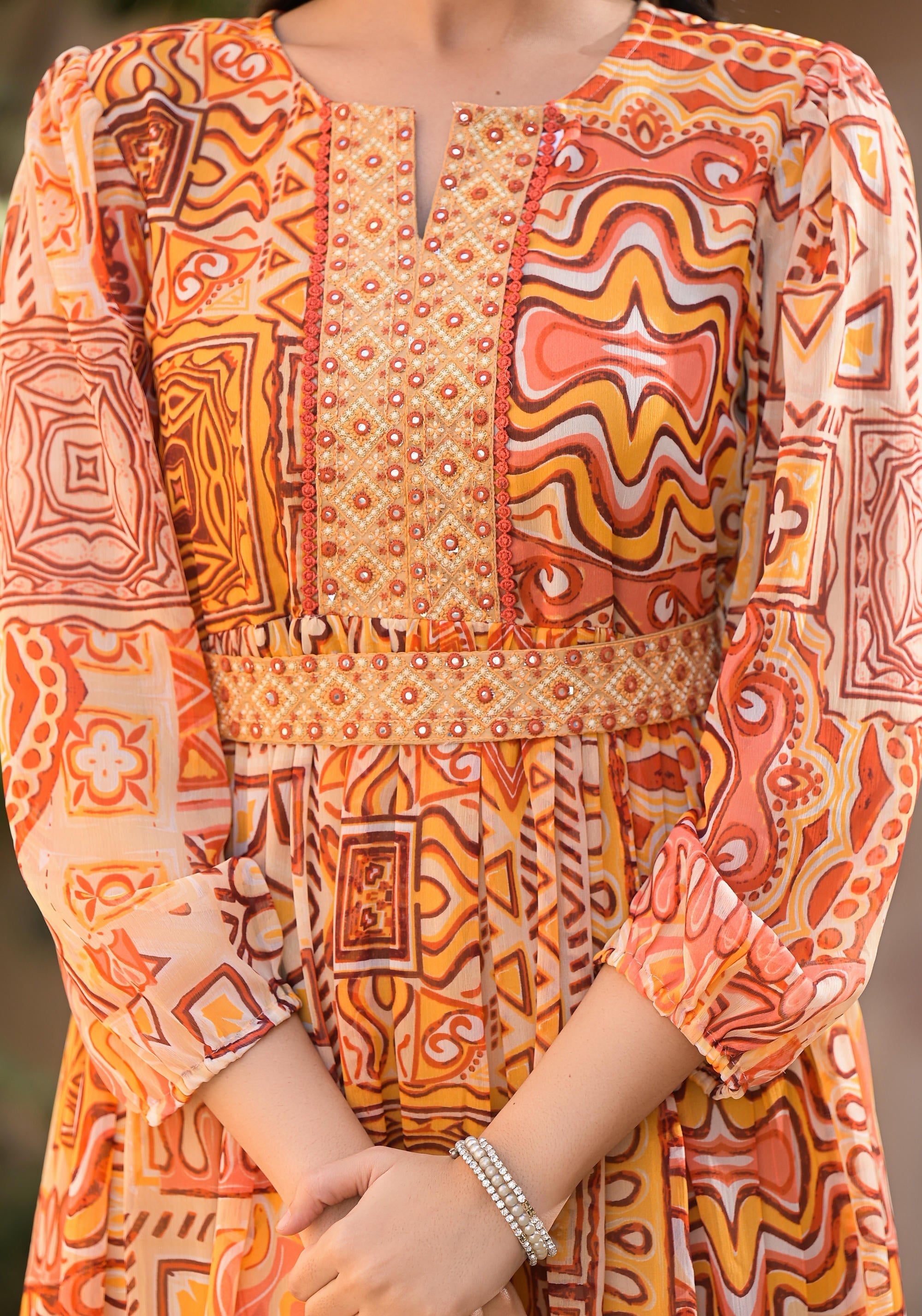 Juniper Orange Abstract Printed Chiffon Long Dress With Belt - Distacart