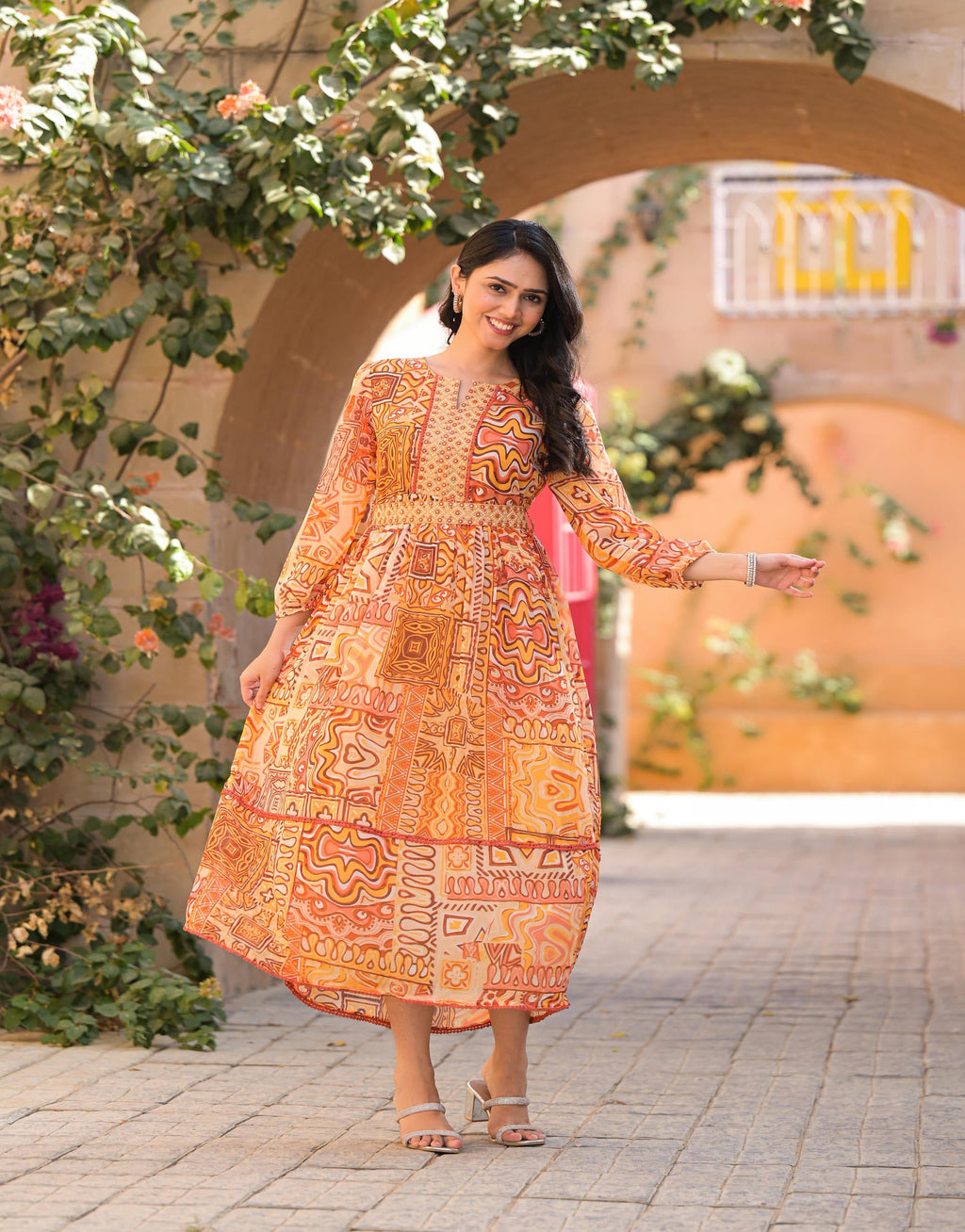 Juniper Women's Orange Abstract Printed Chiffon Long Dress With Belt - Distacart