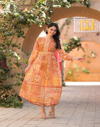 Juniper Women's Orange Abstract Printed Chiffon Long Dress With Belt - Distacart